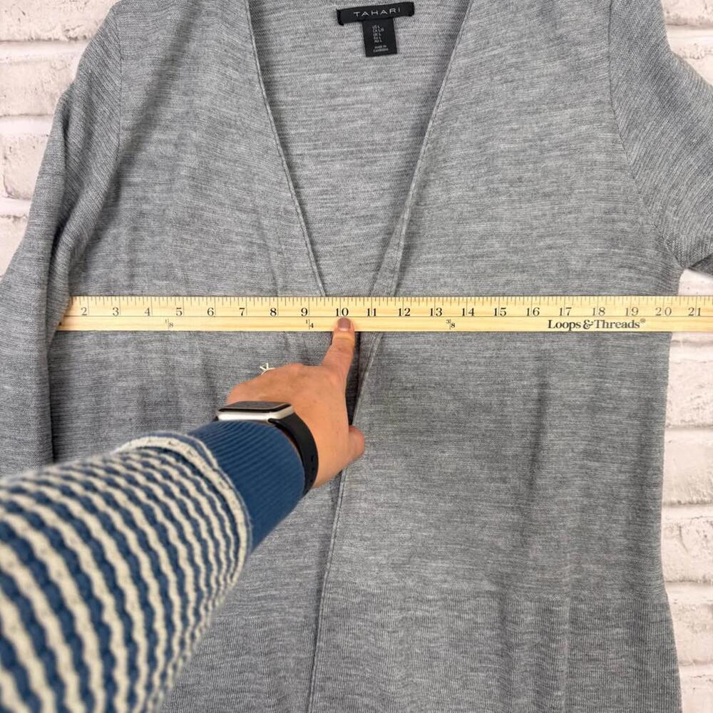 Tahari Merino Wool Blend Cardigan Open-front Gray Ribbed Knit Sweater Women's L - Picture 7 of 8